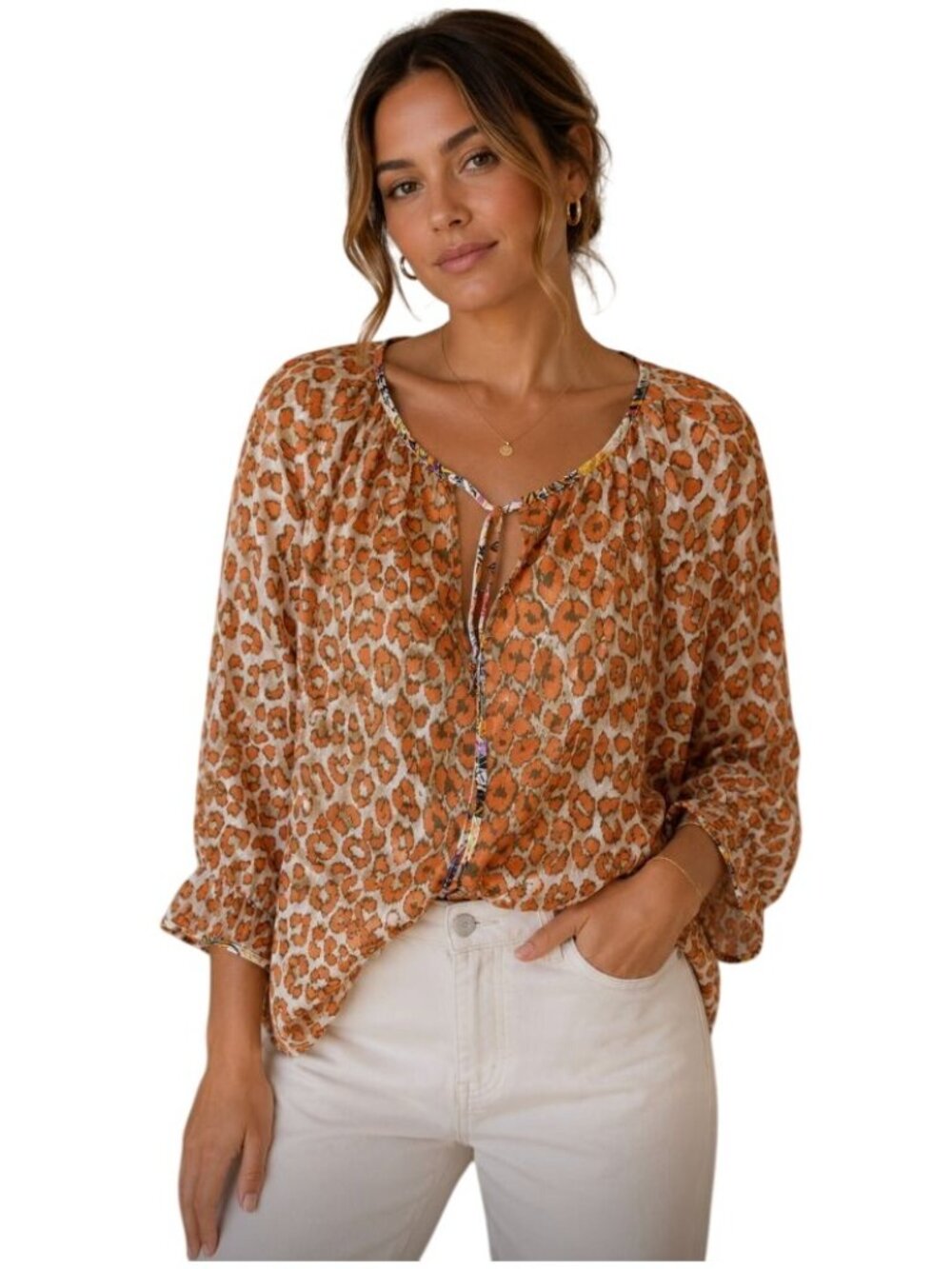 La Prestic Ouiston Saint Martin Silk Peasant Blouse Chic Print - Size 0